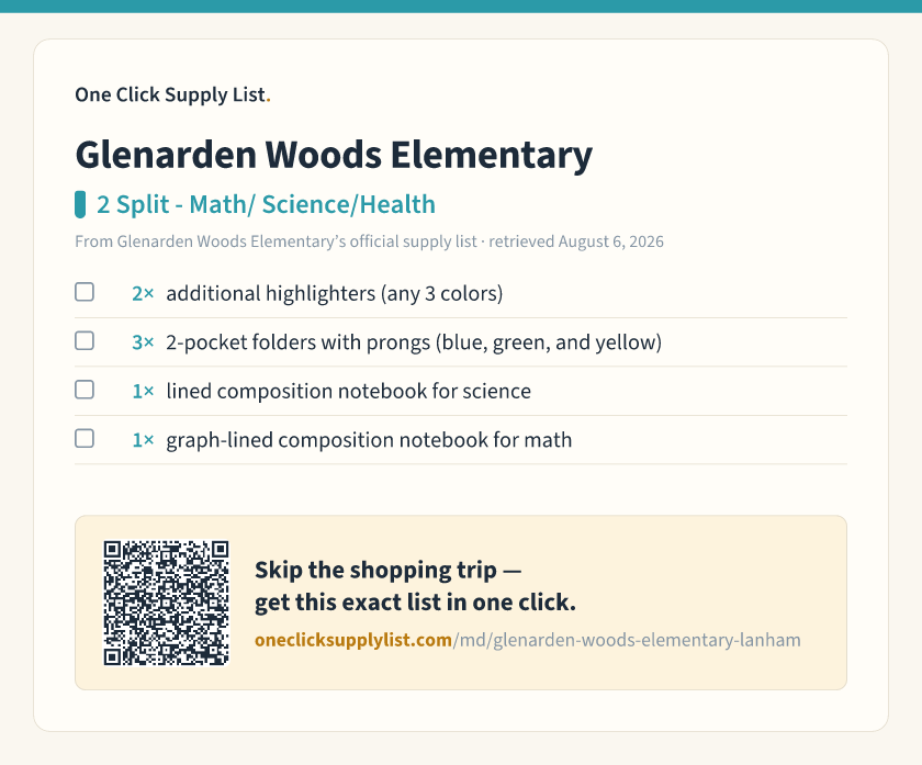 Glenarden Woods Elementary 2 Split - Math/ Science/Health supply list — printable image