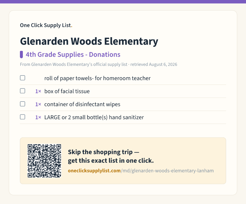 Glenarden Woods Elementary 4th Grade Supplies - Donations supply list — printable image