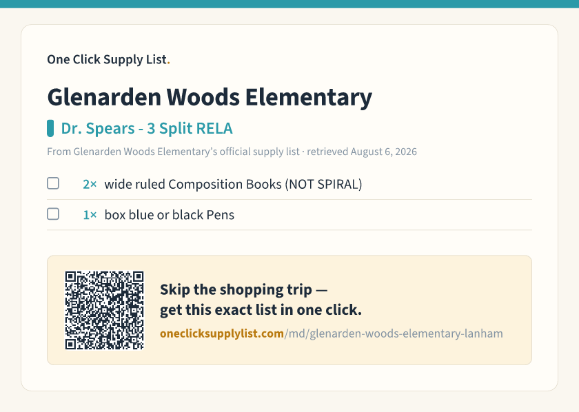 Glenarden Woods Elementary Dr. Spears - 3 Split RELA supply list — printable image