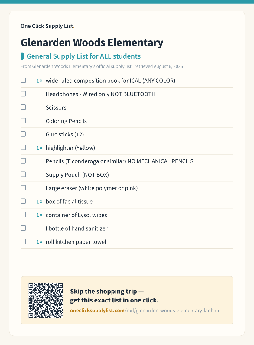 Glenarden Woods Elementary General Supply List for ALL students supply list — printable image