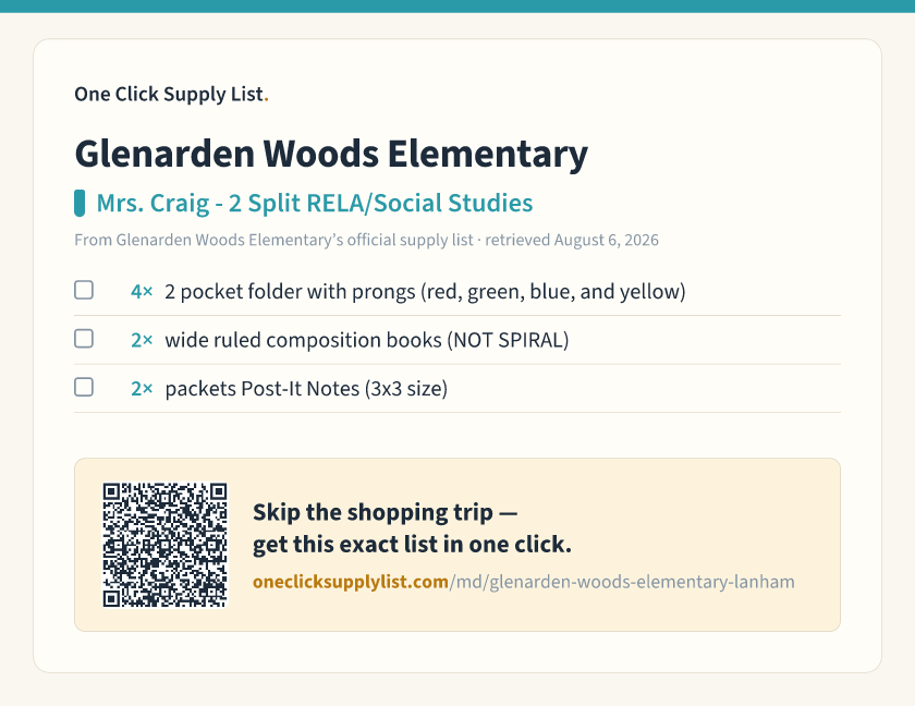Glenarden Woods Elementary Mrs. Craig - 2 Split RELA/Social Studies supply list — printable image
