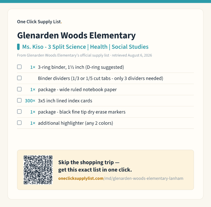 Glenarden Woods Elementary Ms. Kiso - 3 Split Science | Health | Social Studies supply list — printable image