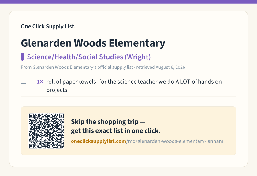 Glenarden Woods Elementary Science/Health/Social Studies (Wright) supply list — printable image