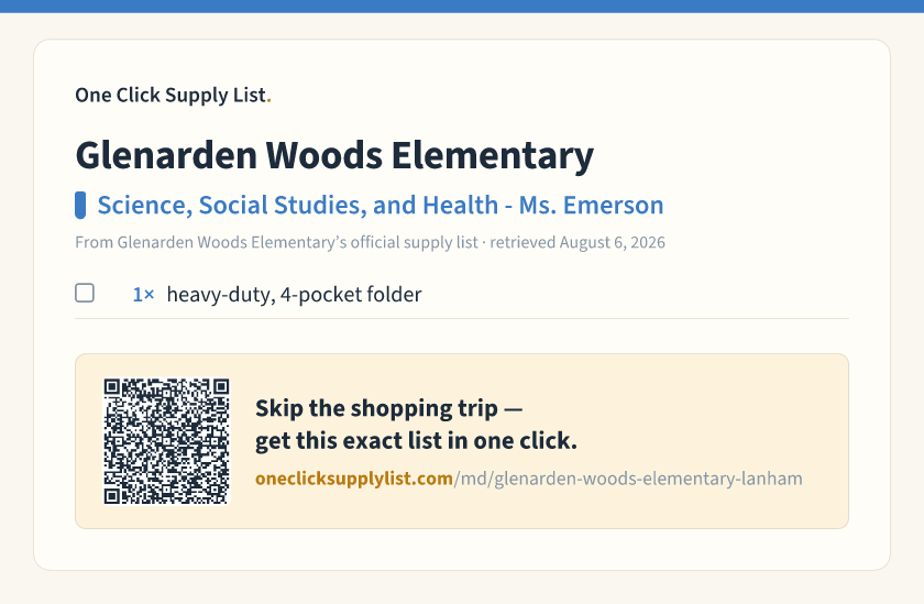 Glenarden Woods Elementary Science, Social Studies, and Health - Ms. Emerson supply list — printable image