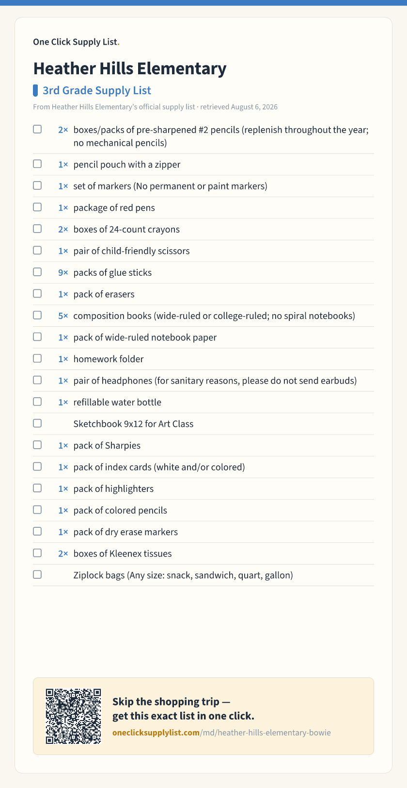 Heather Hills Elementary 3rd Grade Supply List supply list — printable image