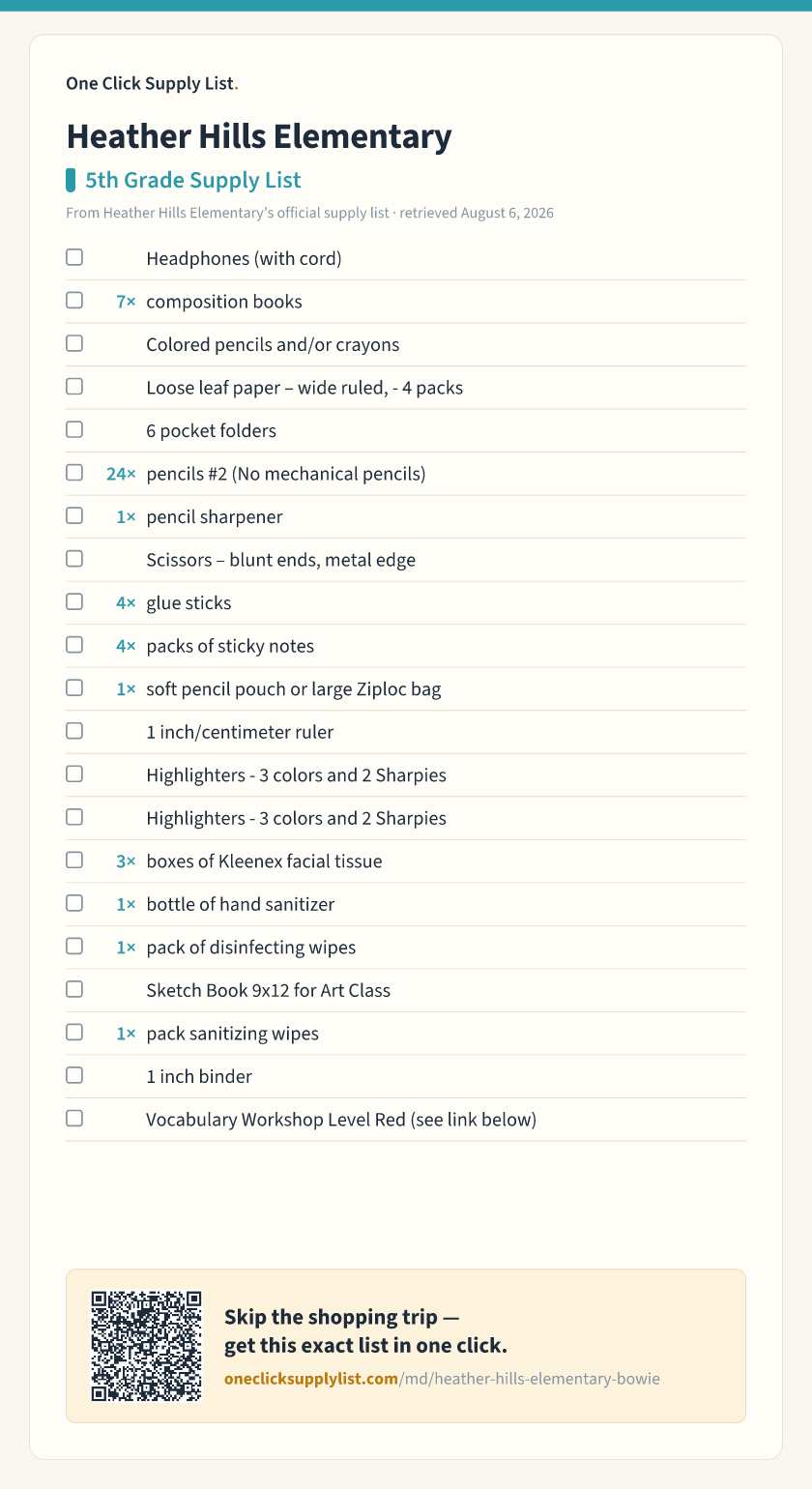 Heather Hills Elementary 5th Grade Supply List supply list — printable image