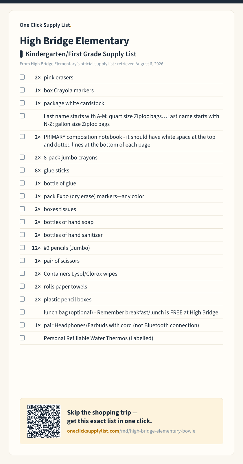 High Bridge Elementary Kindergarten/First Grade Supply List supply list — printable image