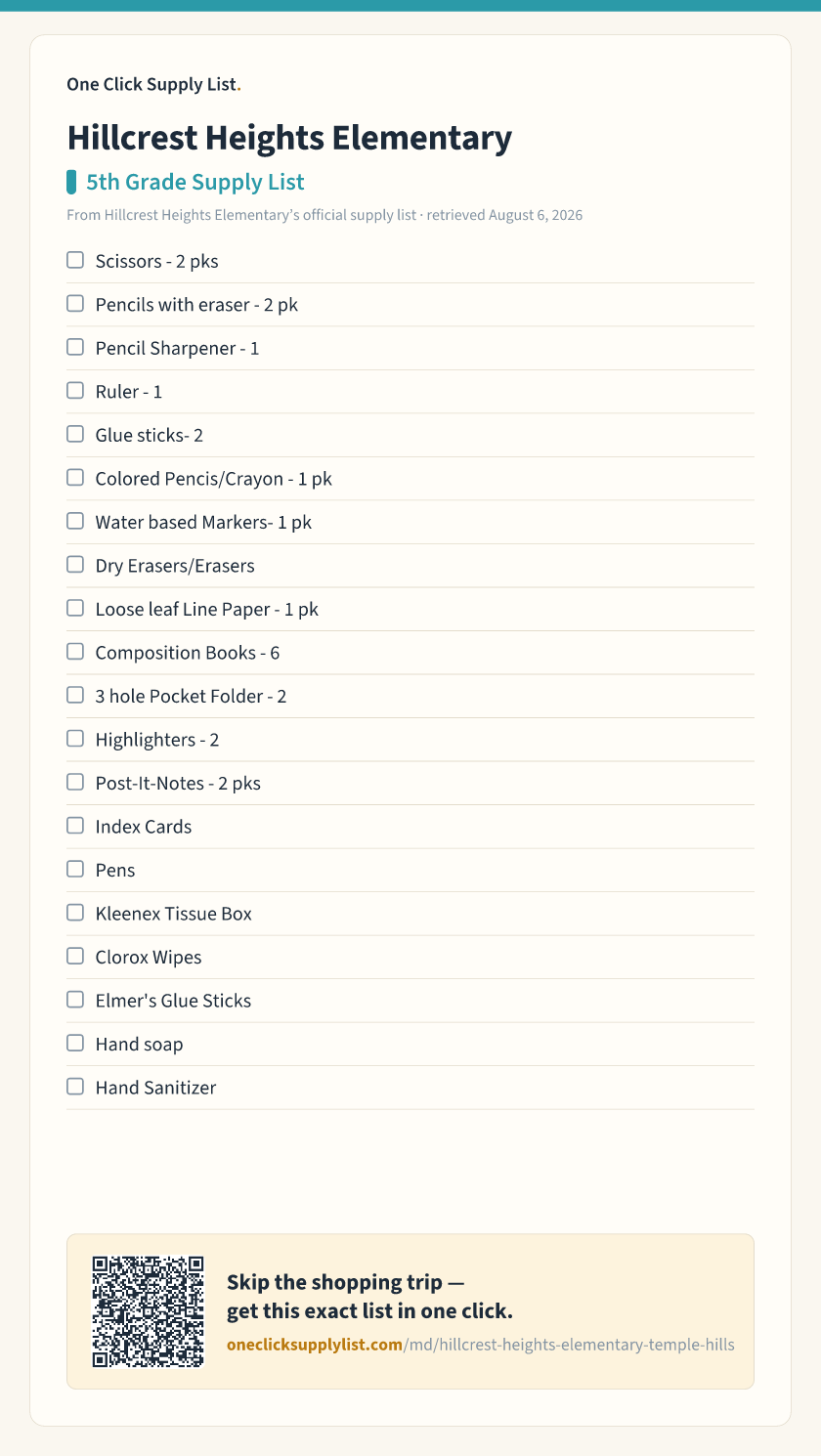 Hillcrest Heights Elementary 5th Grade Supply List supply list — printable image
