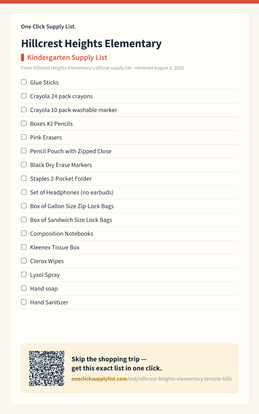 Hillcrest Heights Elementary Kindergarten Supply List supply list — printable image