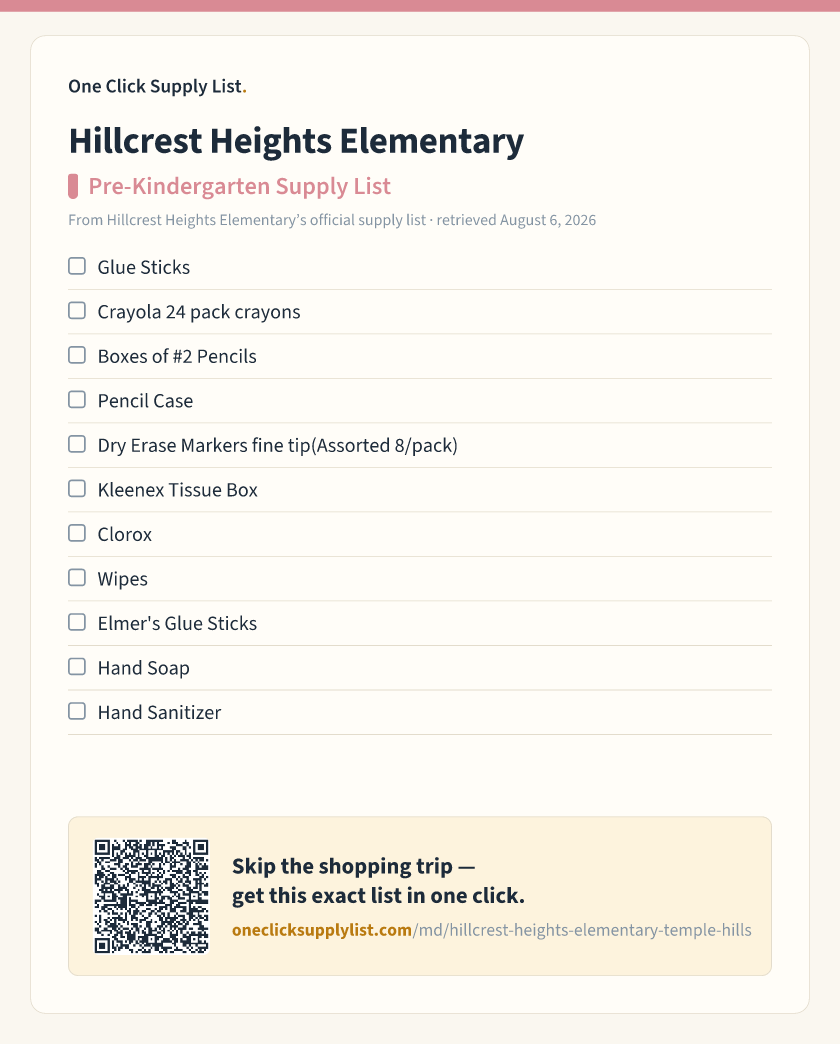 Hillcrest Heights Elementary Pre-Kindergarten Supply List supply list — printable image