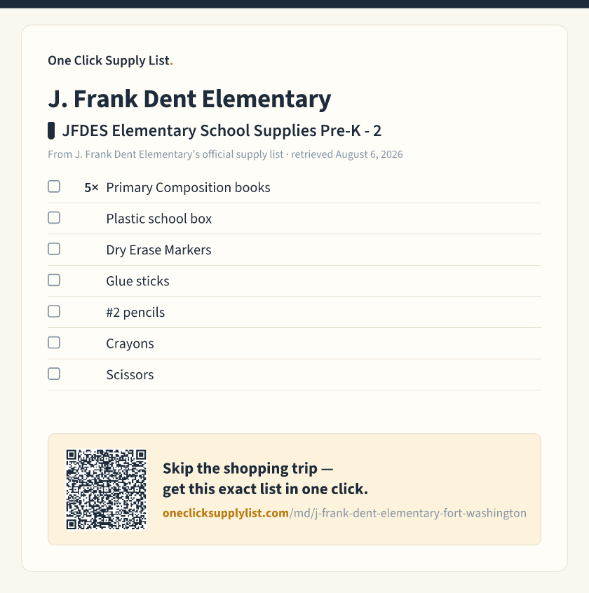 J. Frank Dent Elementary JFDES Elementary School Supplies Pre-K - 2 supply list — printable image