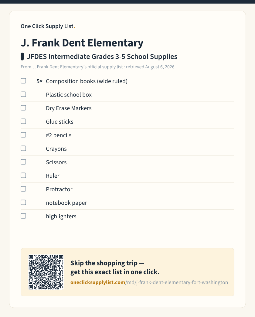 J. Frank Dent Elementary JFDES Intermediate Grades 3-5 School Supplies supply list — printable image