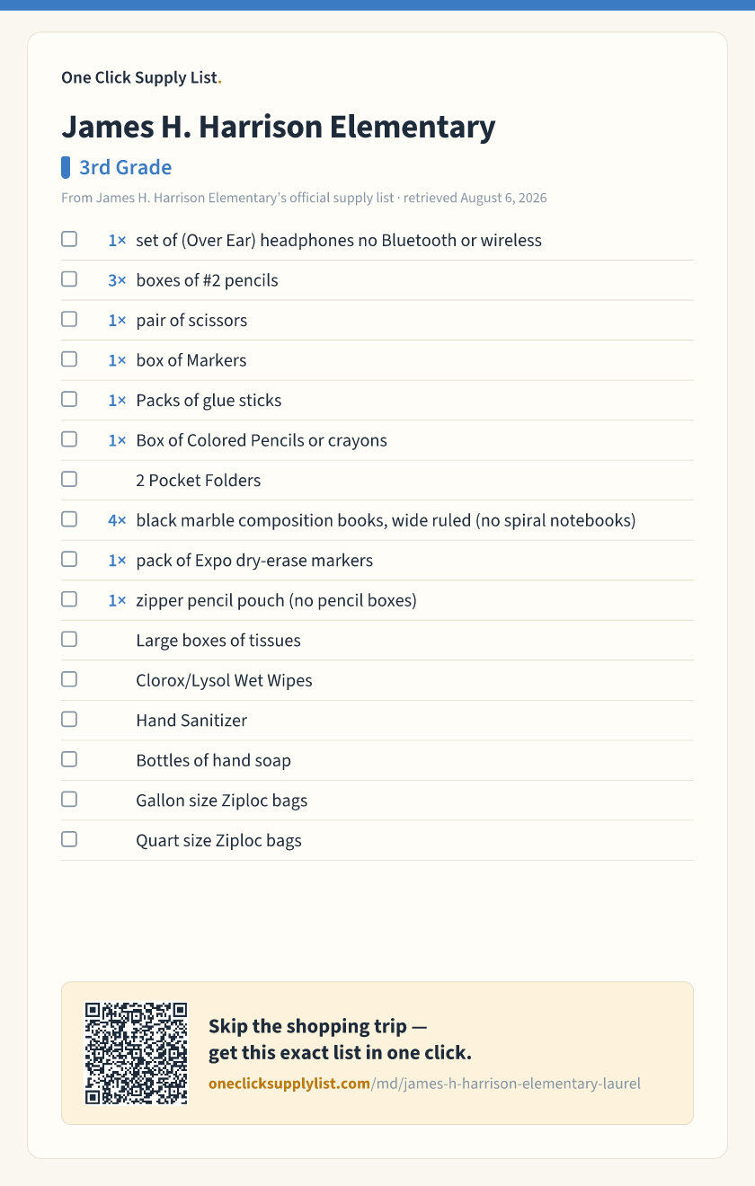 James H. Harrison Elementary 3rd Grade supply list — printable image