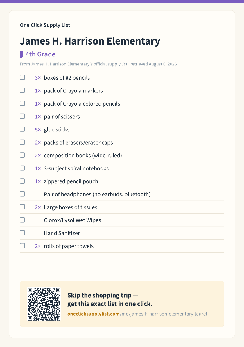 James H. Harrison Elementary 4th Grade supply list — printable image