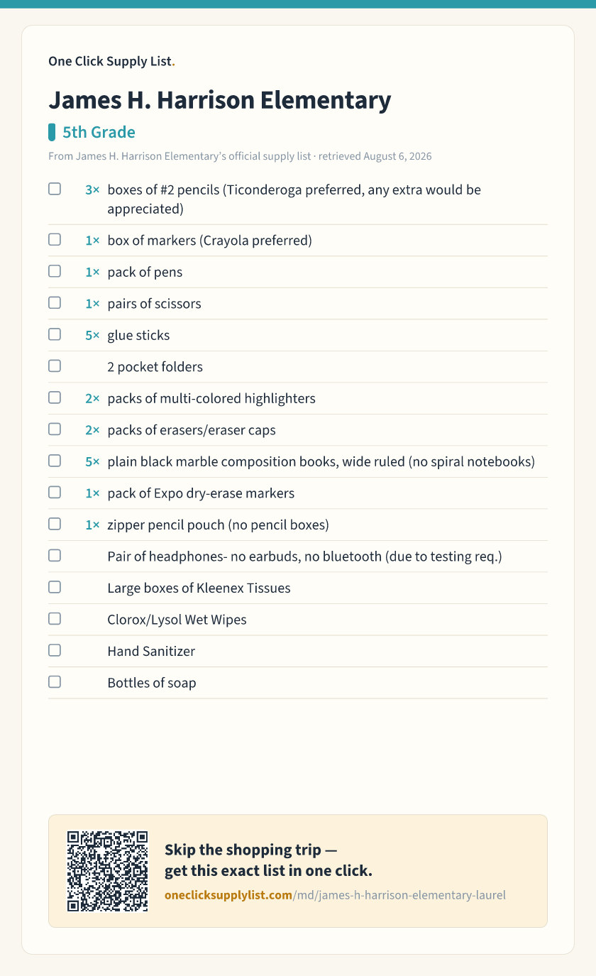 James H. Harrison Elementary 5th Grade supply list — printable image