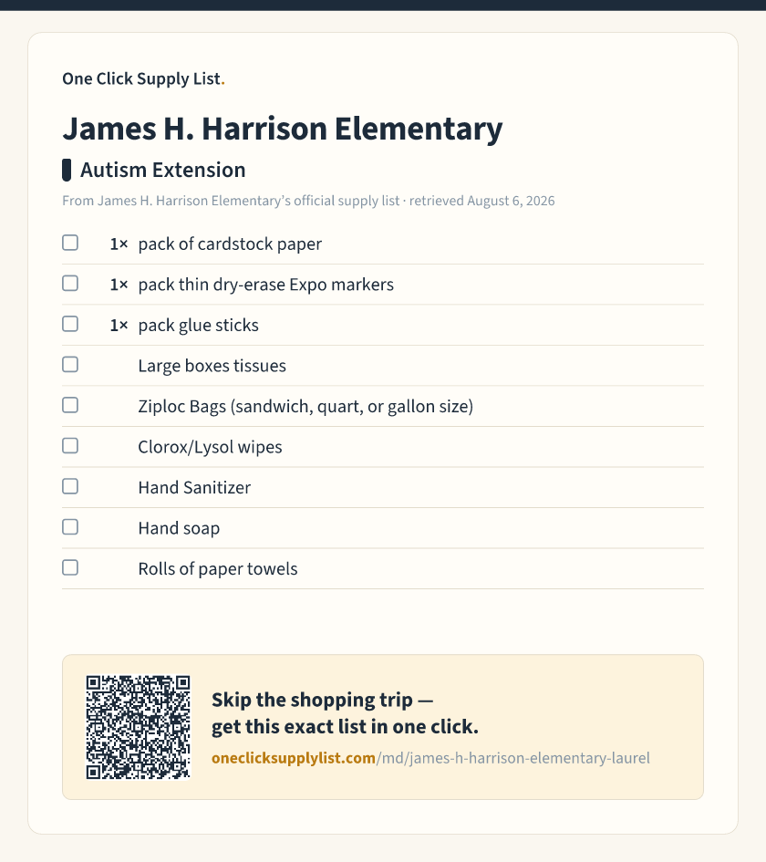 James H. Harrison Elementary Autism Extension supply list — printable image