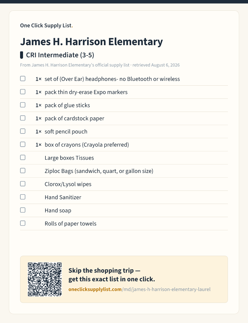 James H. Harrison Elementary CRI Intermediate (3-5) supply list — printable image