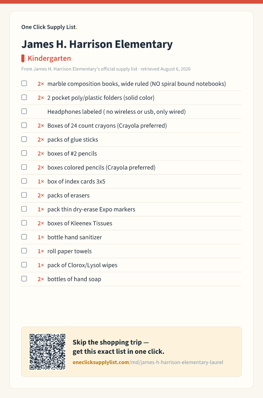James H. Harrison Elementary Kindergarten supply list — printable image