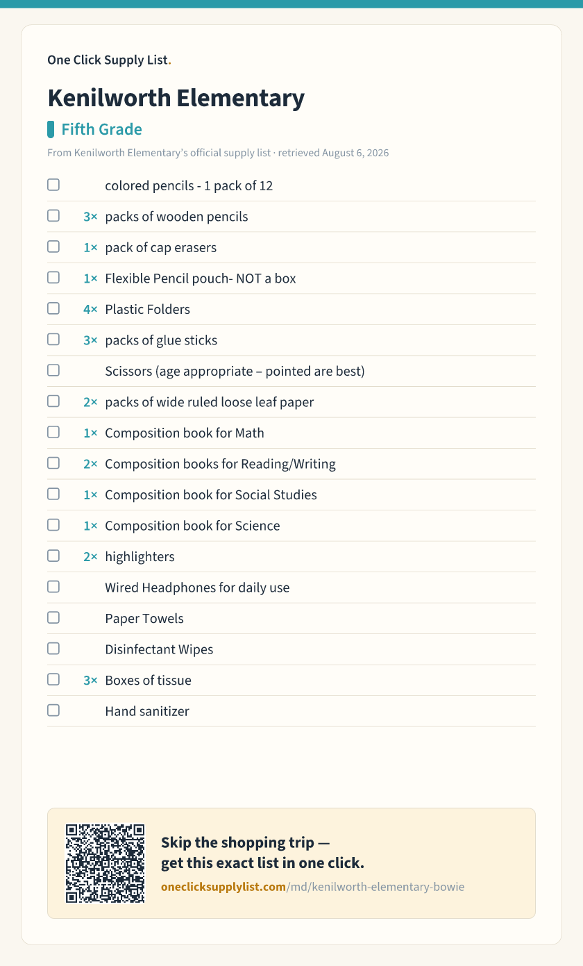 Kenilworth Elementary Fifth Grade supply list — printable image