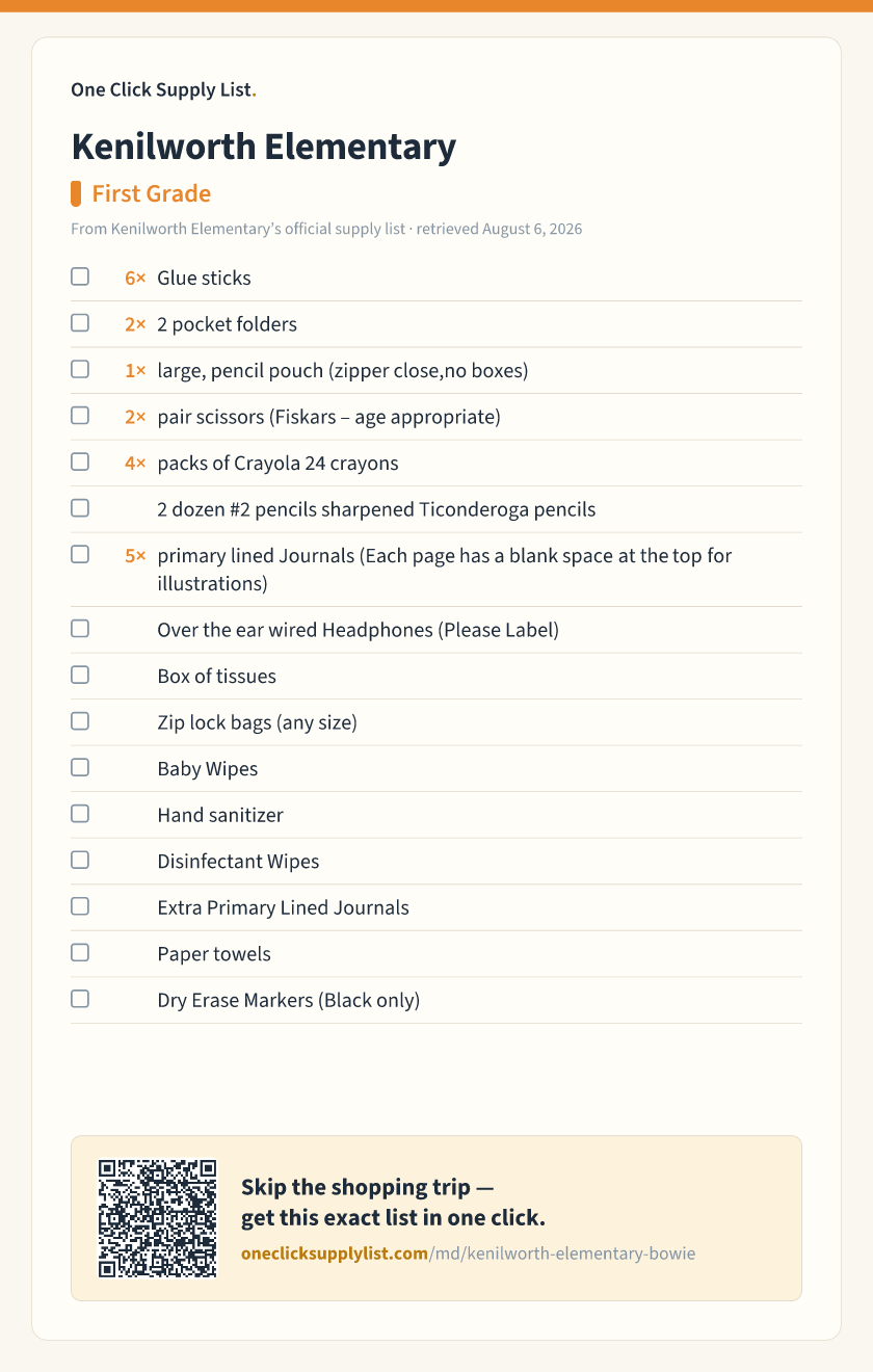 Kenilworth Elementary First Grade supply list — printable image