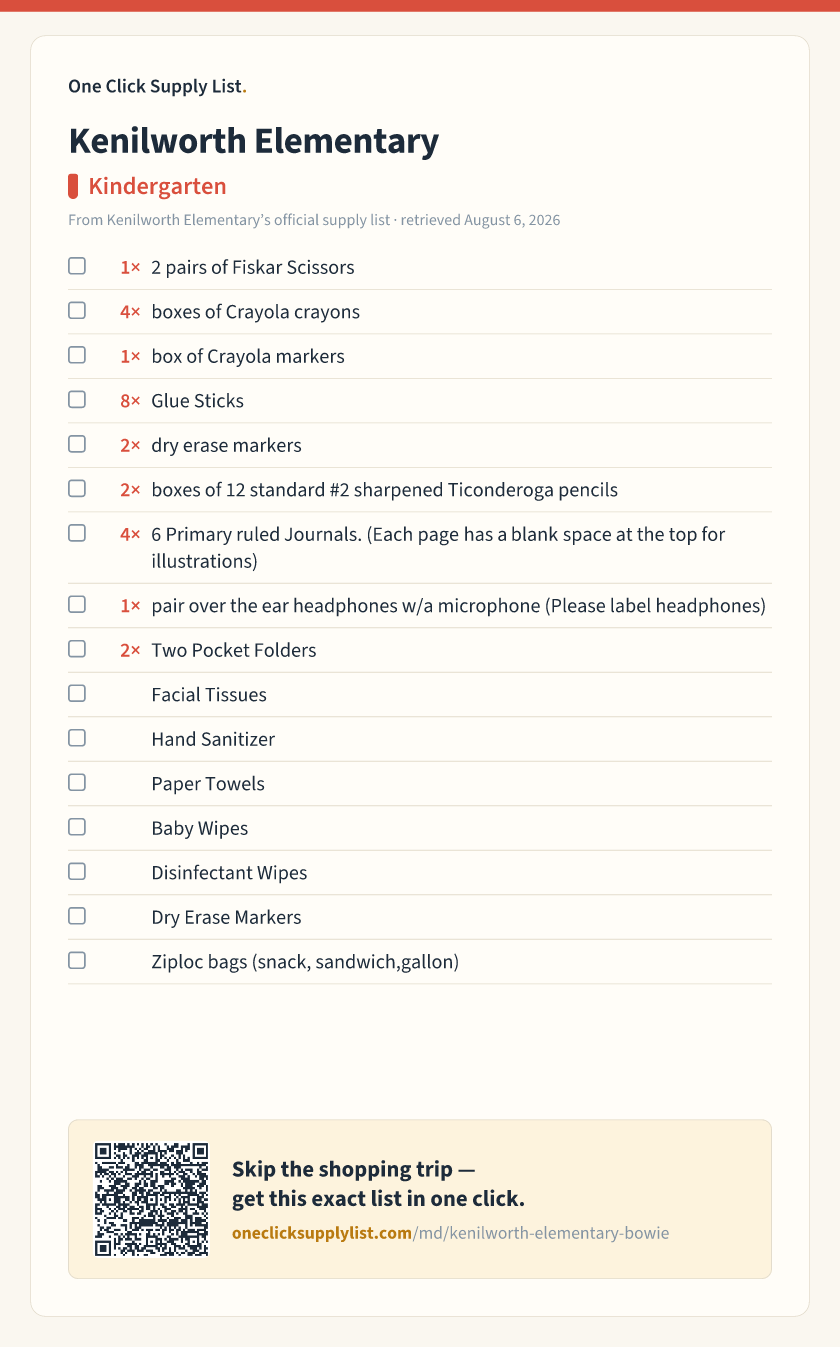 Kenilworth Elementary Kindergarten supply list — printable image