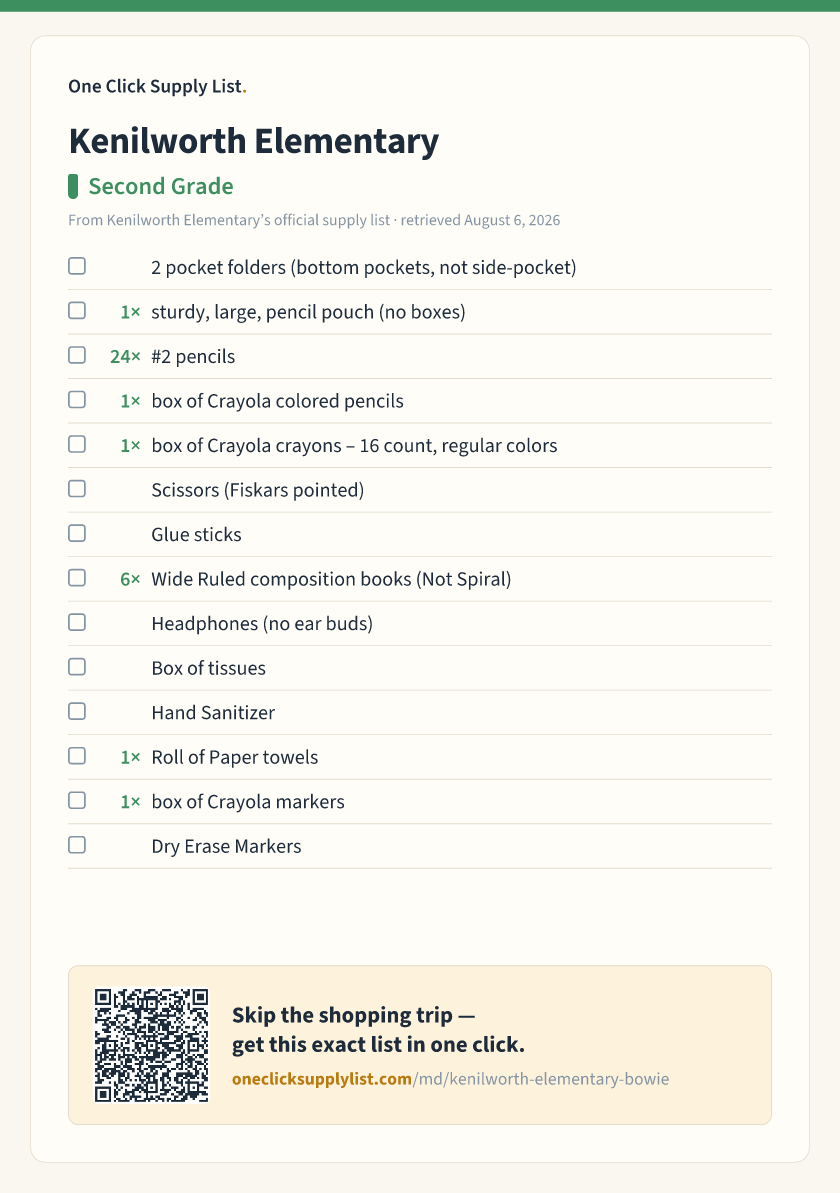 Kenilworth Elementary Second Grade supply list — printable image