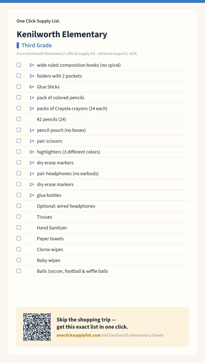 Kenilworth Elementary Third Grade supply list — printable image