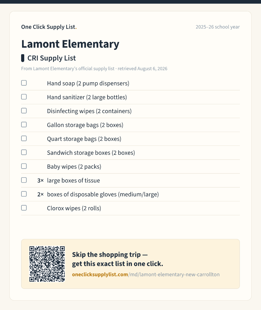 Lamont Elementary CRI Supply List supply list — printable image