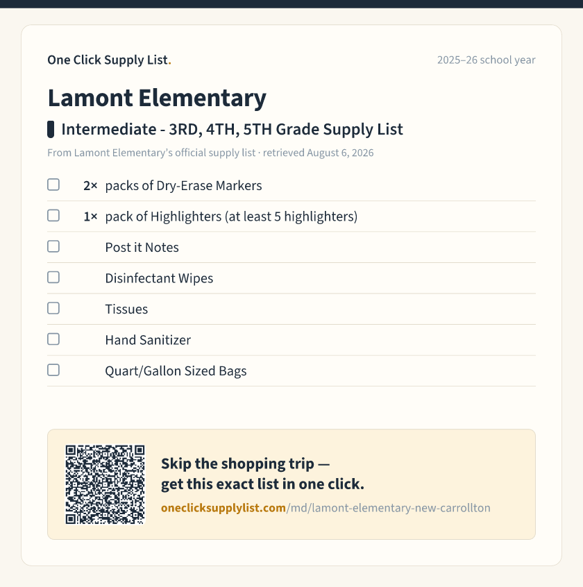 Lamont Elementary Intermediate - 3RD, 4TH, 5TH Grade Supply List supply list — printable image