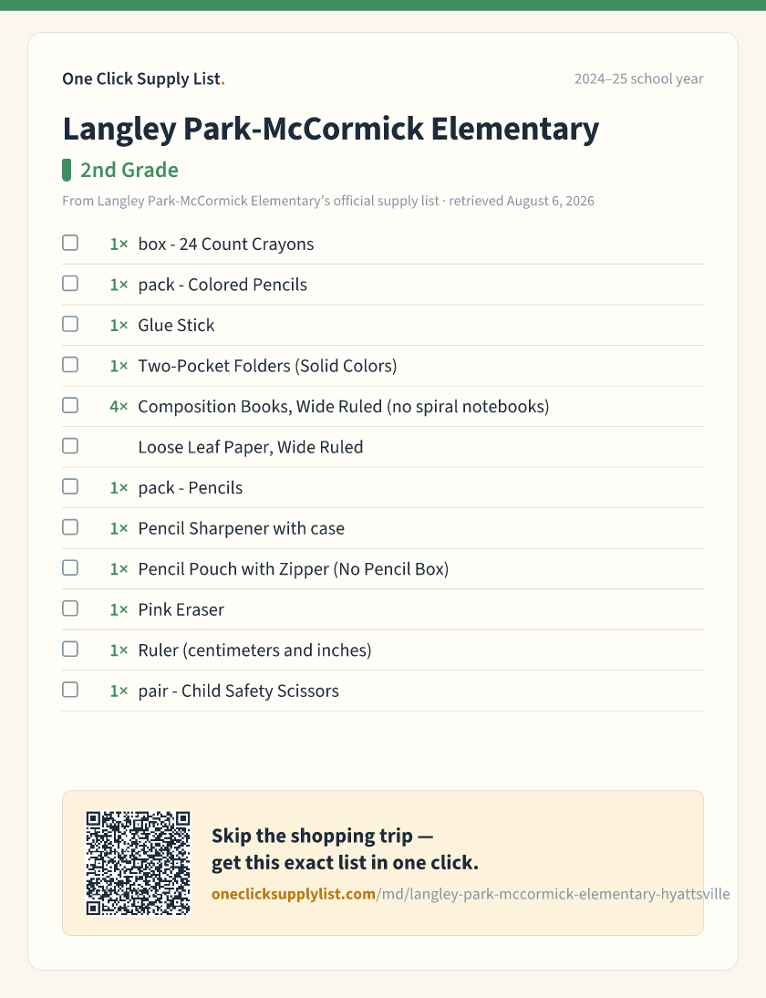 Langley Park-McCormick Elementary 2nd Grade supply list — printable image
