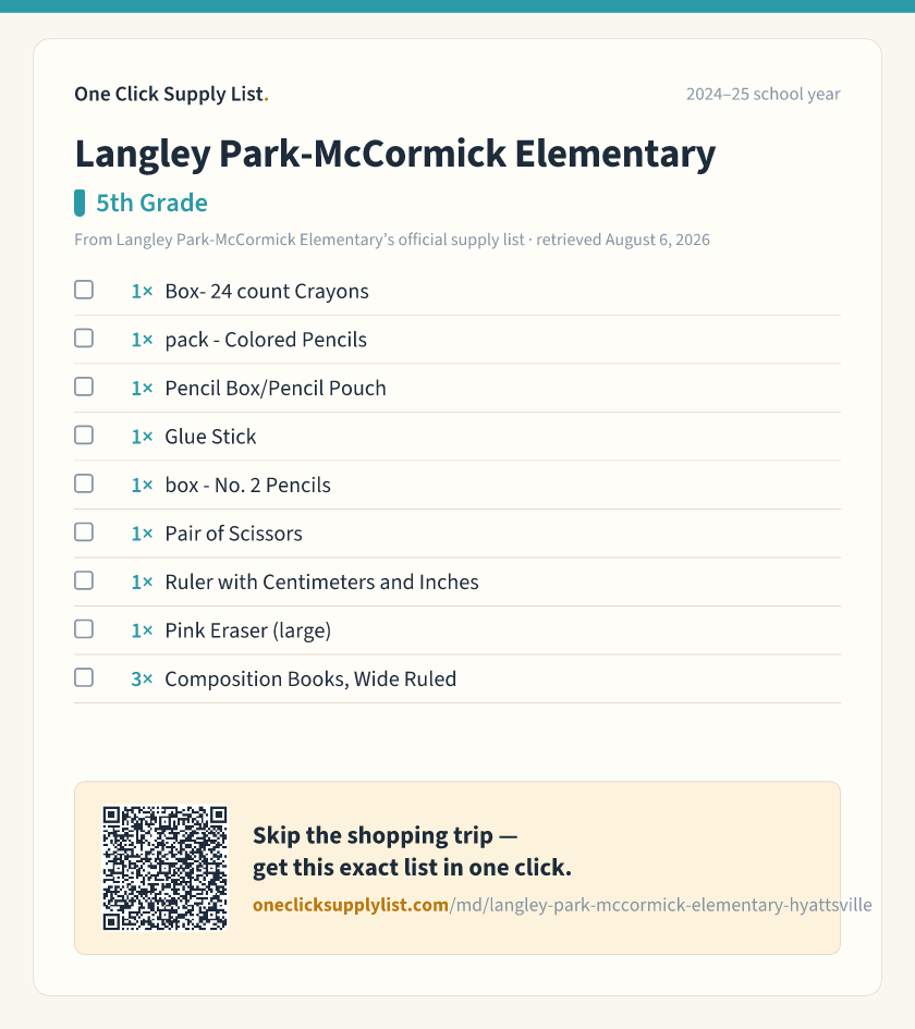 Langley Park-McCormick Elementary 5th Grade supply list — printable image