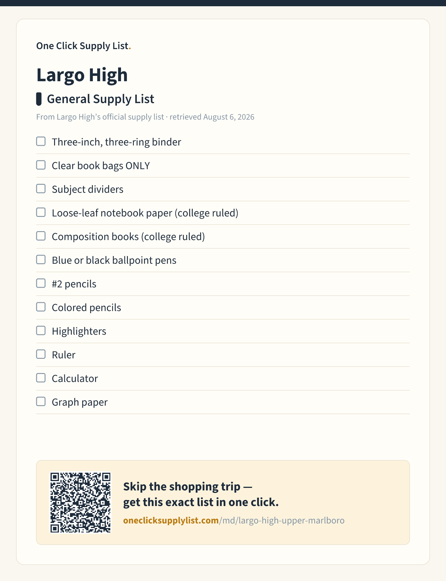 Largo High General Supply List supply list — printable image