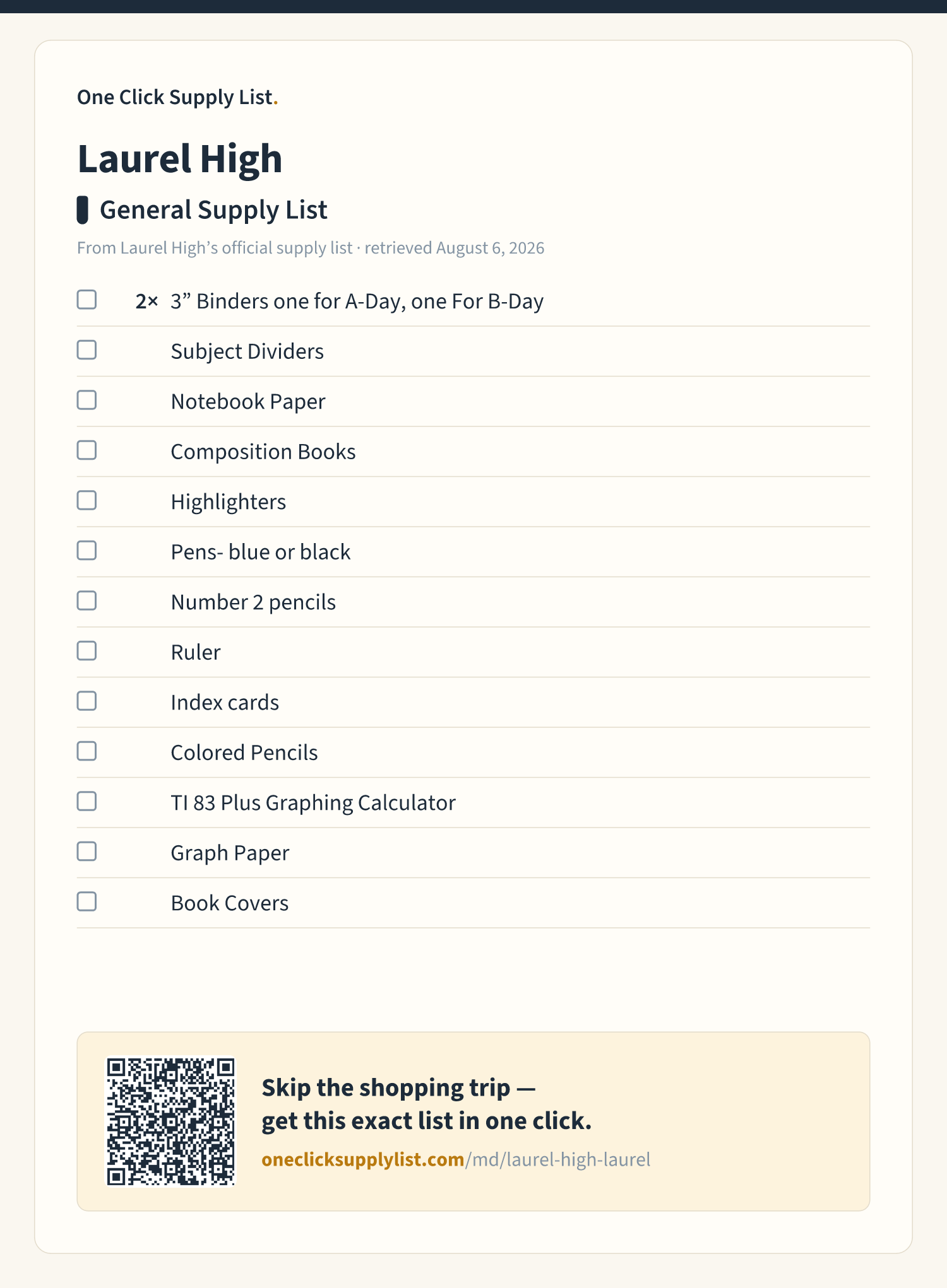 Laurel High General Supply List supply list — printable image