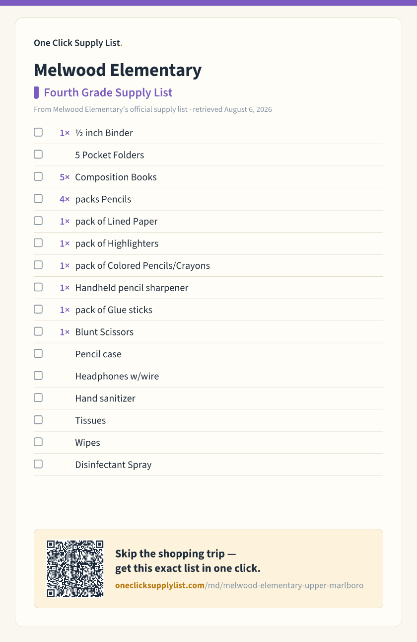 Melwood Elementary Fourth Grade Supply List supply list — printable image