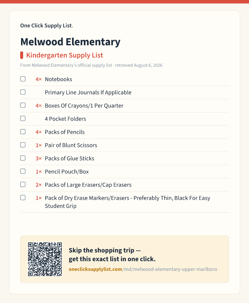 Melwood Elementary Kindergarten Supply List supply list — printable image