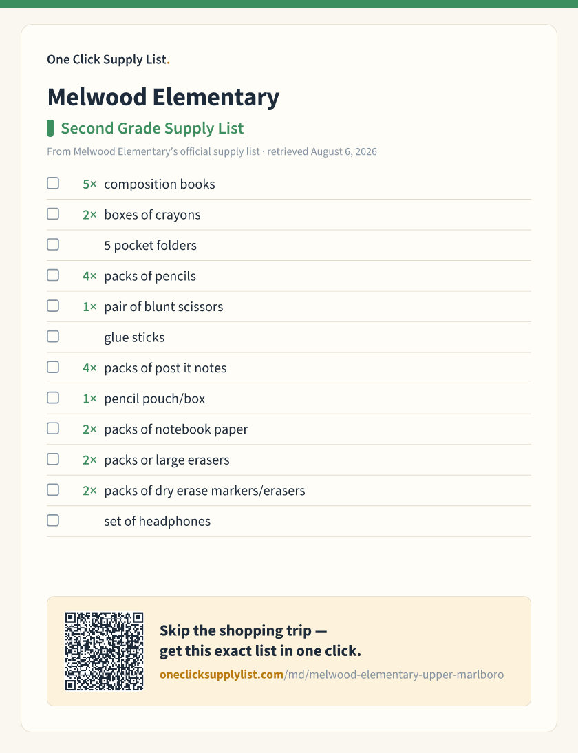 Melwood Elementary Second Grade Supply List supply list — printable image