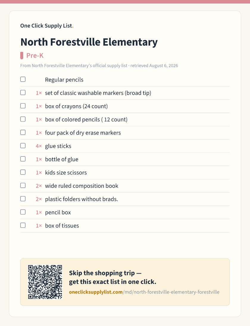 North Forestville Elementary Pre-K supply list — printable image