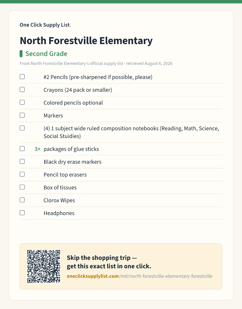 North Forestville Elementary Second Grade supply list — printable image