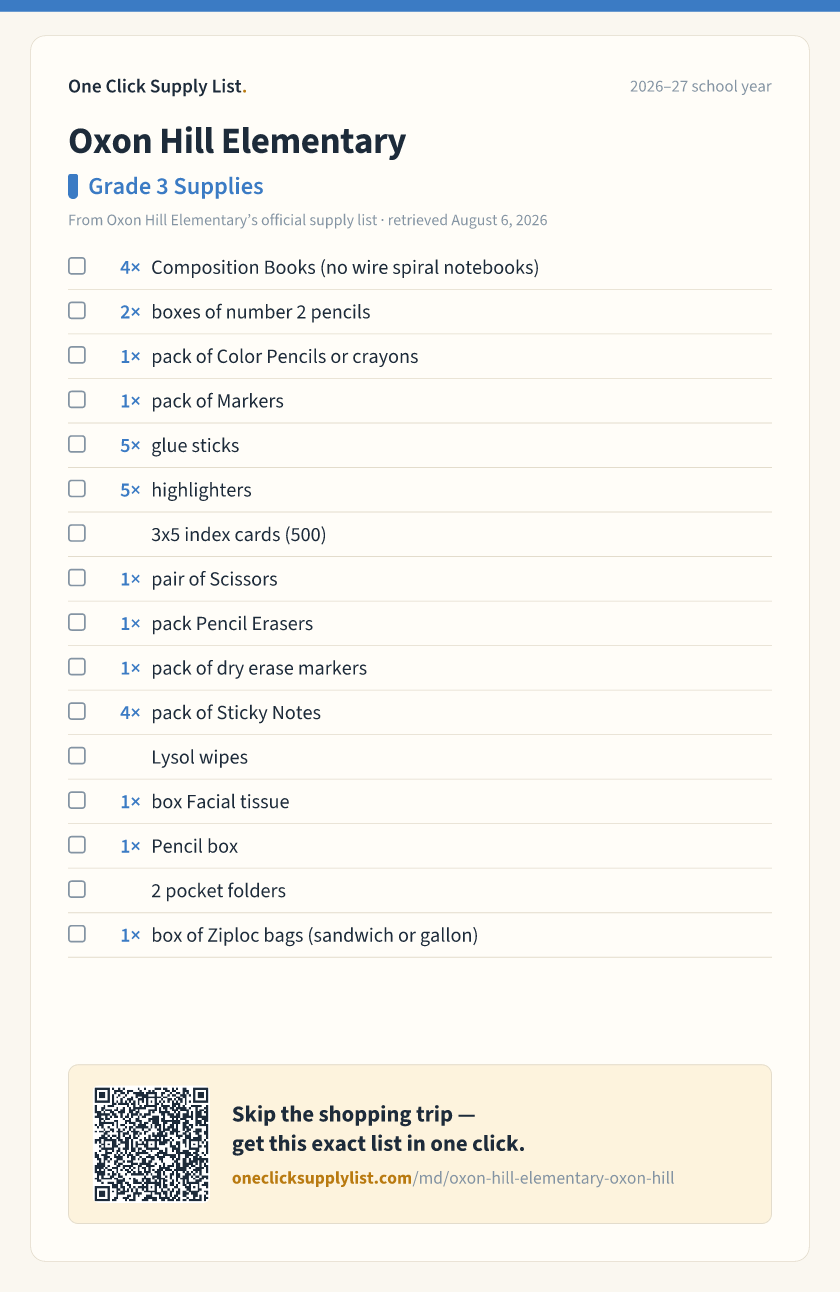Oxon Hill Elementary Grade 3 Supplies supply list — printable image