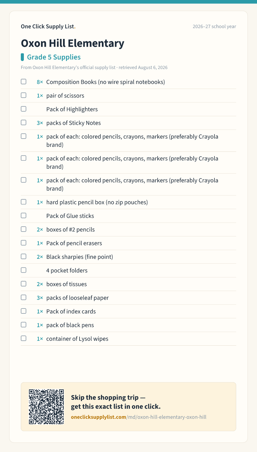 Oxon Hill Elementary Grade 5 Supplies supply list — printable image