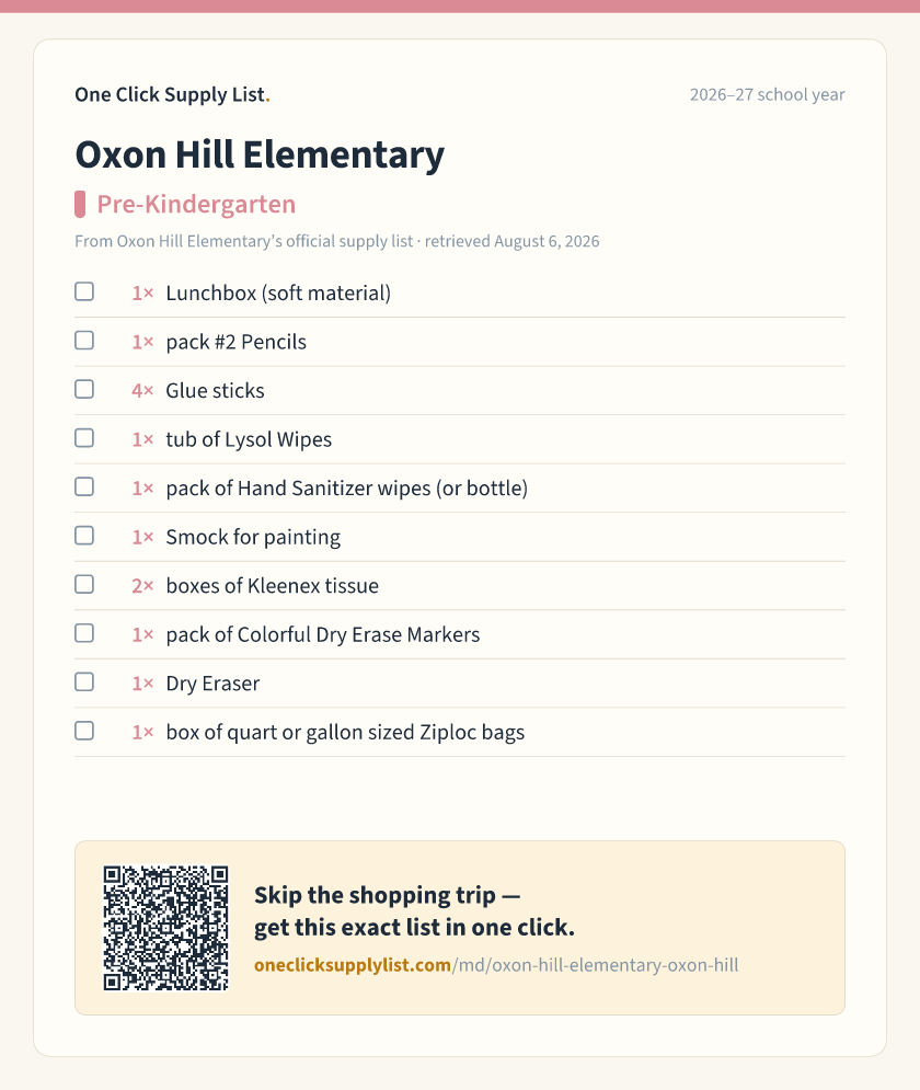 Oxon Hill Elementary Pre-Kindergarten supply list — printable image