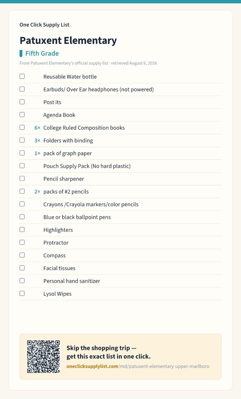 Patuxent Elementary Fifth Grade supply list — printable image