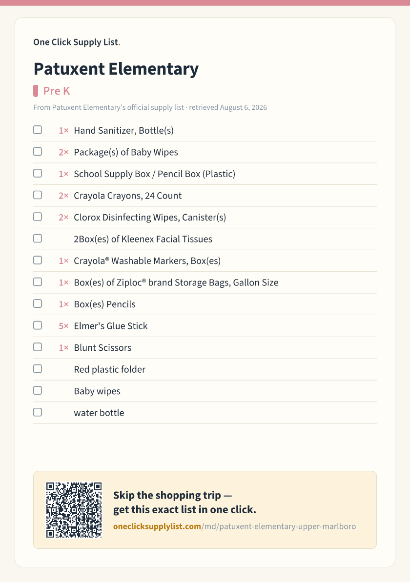 Patuxent Elementary Pre K supply list — printable image