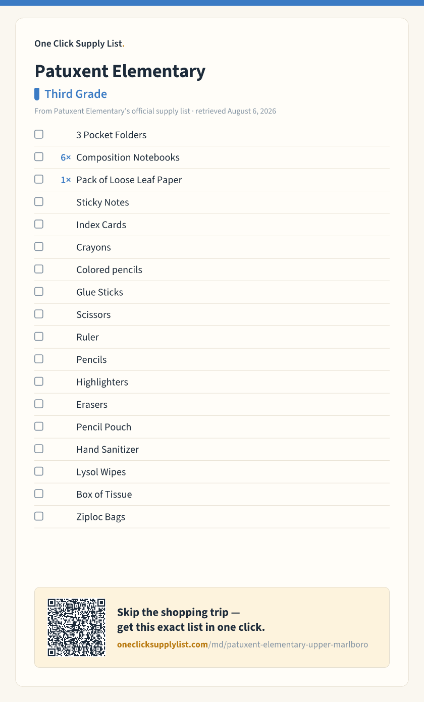 Patuxent Elementary Third Grade supply list — printable image