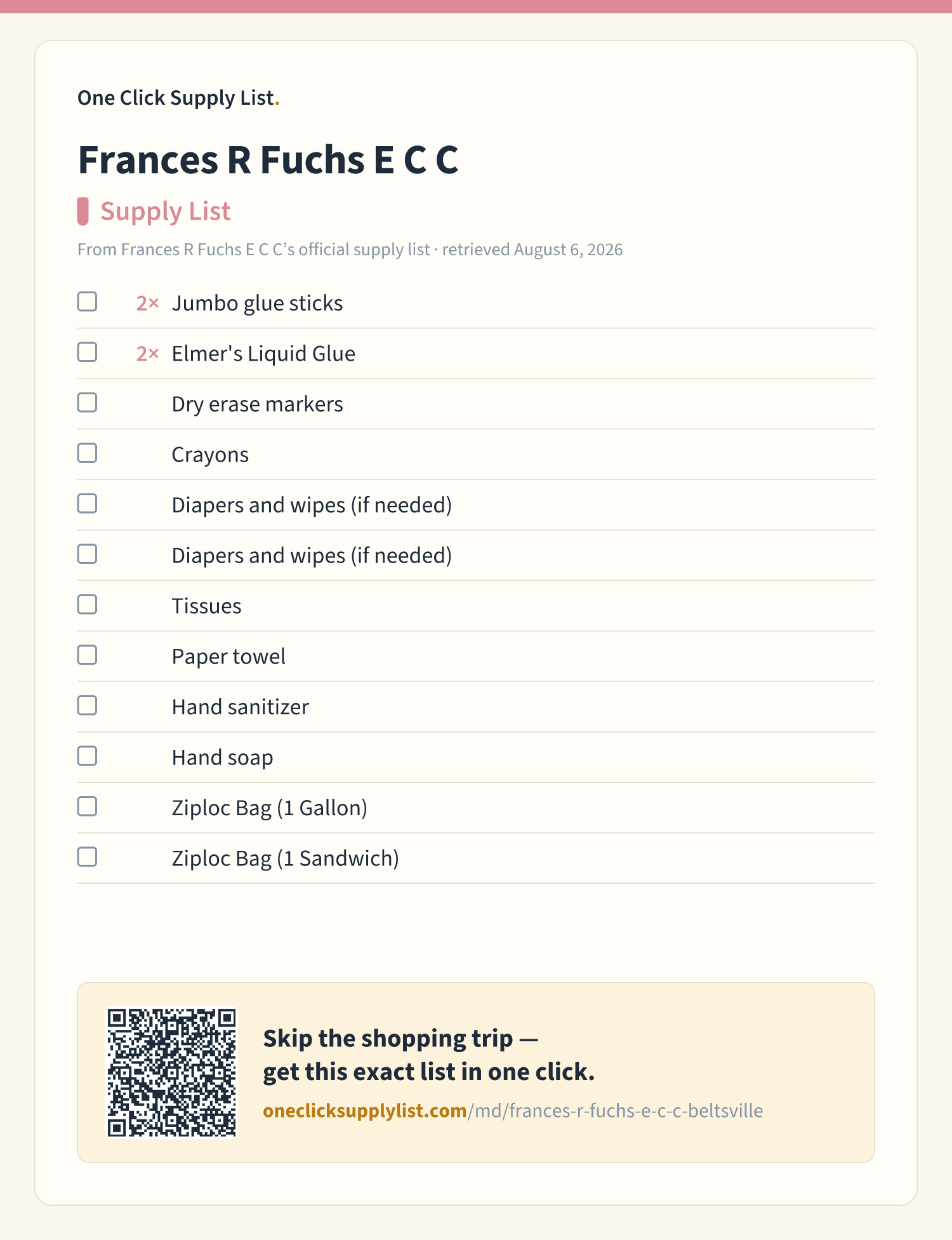 Frances R Fuchs E C C Supply List supply list — printable image