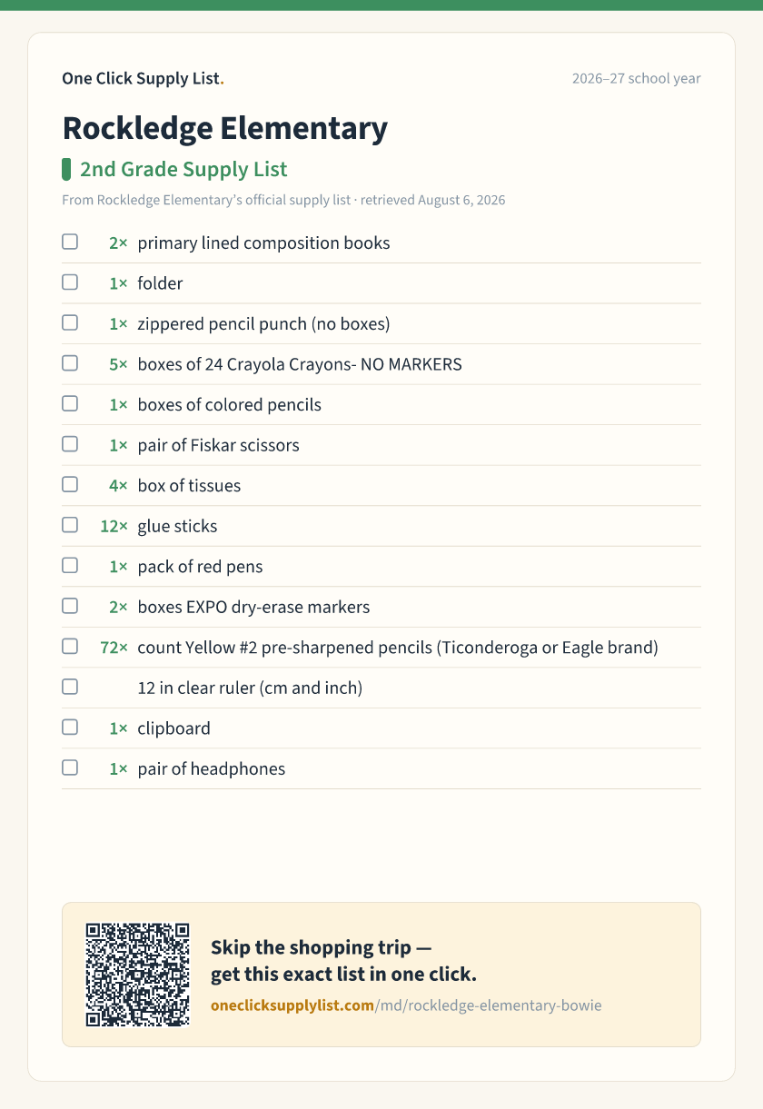 Rockledge Elementary 2nd Grade Supply List supply list — printable image