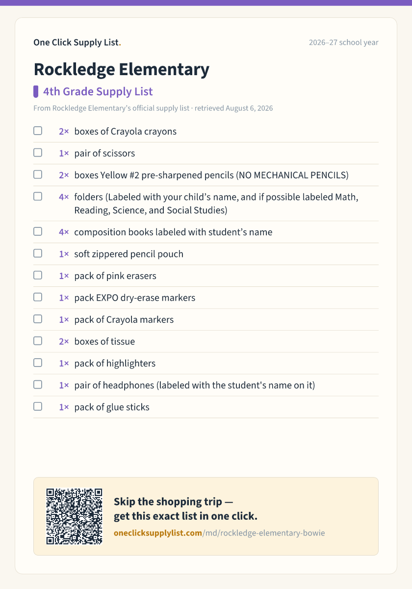 Rockledge Elementary 4th Grade Supply List supply list — printable image