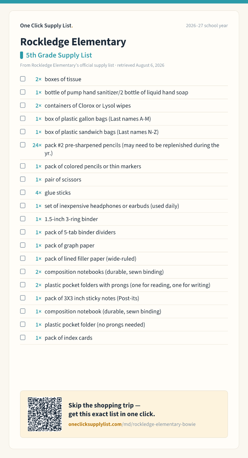 Rockledge Elementary 5th Grade Supply List supply list — printable image