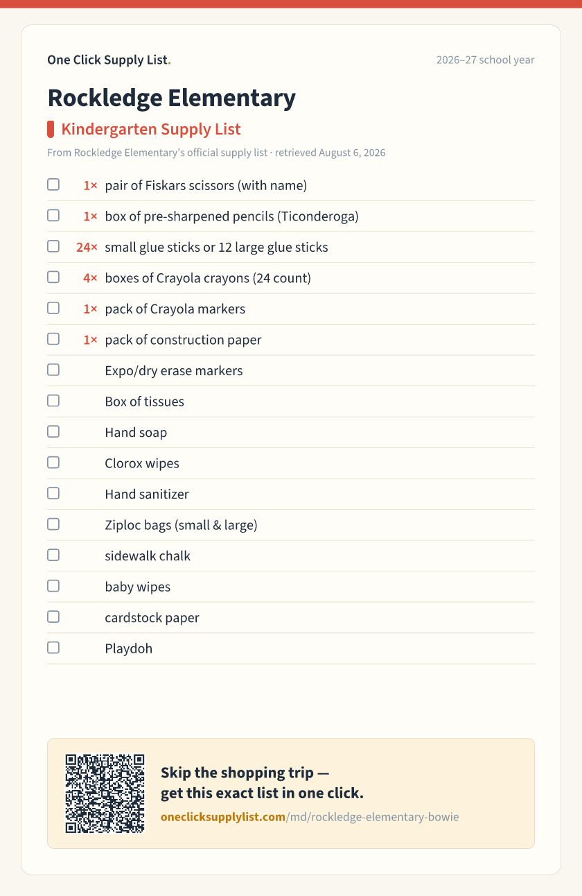 Rockledge Elementary Kindergarten Supply List supply list — printable image