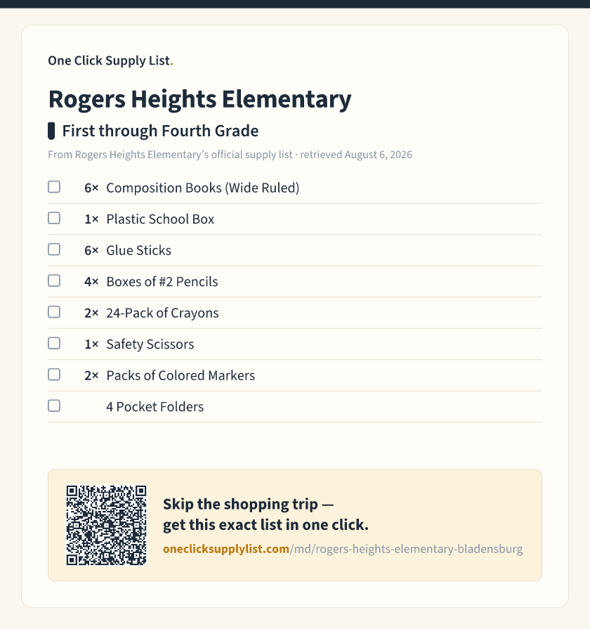 Rogers Heights Elementary First through Fourth Grade supply list — printable image